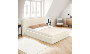 Lit coffre Joyce en velours côtelé beige avec sommier et tête de lit 140x190cm