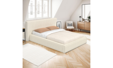 Lit coffre Joyce en velours côtelé beige avec sommier et tête de lit 160x200m