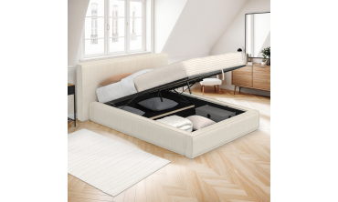 Lit coffre Joyce en velours côtelé beige avec sommier et tête de lit 160x200m