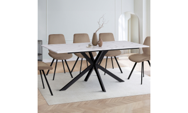 Table repas Glam 160cm plateau effet marbre blanc et pieds croisés noirs