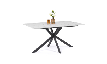 Table repas Glam 160cm plateau effet marbre blanc et pieds croisés noirs