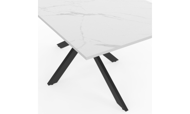 Table repas Glam 160cm plateau effet marbre blanc et pieds croisés noirs