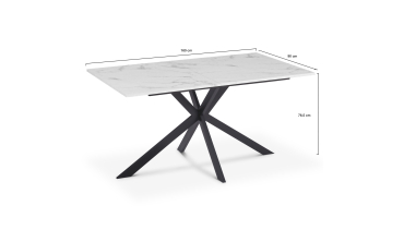 Table repas Glam 160cm plateau effet marbre blanc et pieds croisés noirs