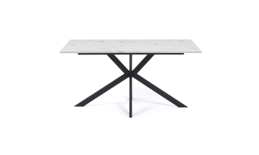 Table repas Glam 160cm plateau effet marbre blanc et pieds croisés noirs