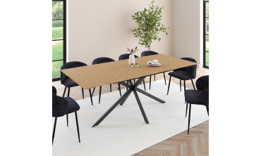 Table repas Spider plateau extensible 160-200cm effet chevron et pieds croisés noirs