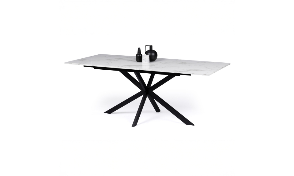 Table repas Glam plateau extensible 160-200cm effet marbre blanc et pieds croisés noirs Table repas Glam plateau extensible 160-200cm effet marbre blanc et pieds croisés noirs