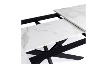 Table repas Glam plateau extensible 160-200cm effet marbre blanc et pieds croisés noirs