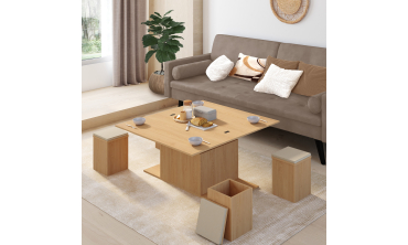 Table basse Tania 2 en 1 avec plateau dépliant et 4 assises