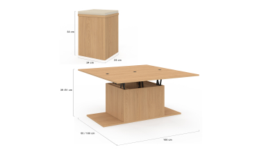 Table basse Tania 2 en 1 avec plateau dépliant et 4 assises