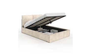 Lit coffre Lilou en velours beige avec sommier et tête de lit effet oreiller 140x190cm