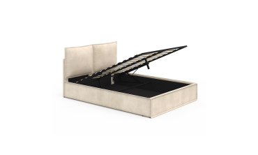 Lit coffre Lilou en velours beige avec sommier et tête de lit effet oreiller 140x190cm