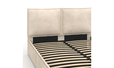 Lit coffre Lilou en velours beige avec sommier et tête de lit effet oreiller 140x190cm