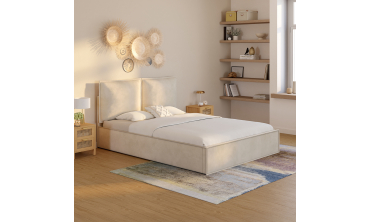 Lit coffre Lilou en velours beige avec sommier et tête de lit effet oreiller 140x190cm