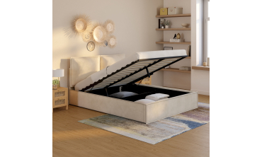 Lit coffre Lilou en velours beige avec sommier et tête de lit effet oreiller 140x190cm