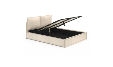 Lit coffre Lilou en velours beige avec sommier et tête de lit effet oreiller 160x200cm