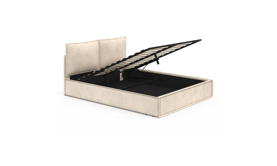 Lit coffre Lilou en velours beige avec sommier et tête de lit effet oreiller 160x200cm Lit coffre Lilou en velours beige avec sommier et tête de lit effet oreiller 160x200cm