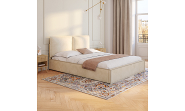 Lit coffre Lilou en velours beige avec sommier et tête de lit effet oreiller 160x200cm