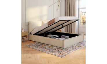 Lit coffre Lilou en velours beige avec sommier et tête de lit effet oreiller 160x200cm