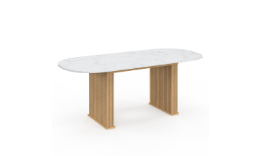 Table repas Marceau plateau extensible 160-200cm arrondi effet marbre et pieds lattes