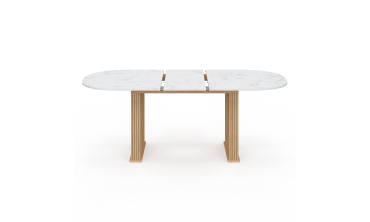 Table repas Marceau plateau extensible 160-200cm arrondi effet marbre et pieds lattes