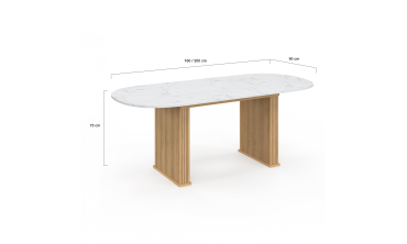 Table repas Marceau plateau extensible 160-200cm arrondi effet marbre et pieds lattes
