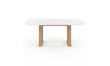Table repas Marceau plateau extensible 160-200cm arrondi effet marbre et pieds lattes