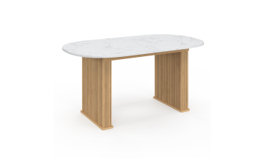 Table repas Marceau plateau extensible 160-200cm arrondi effet marbre et pieds lattes
