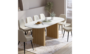 Table repas Marceau plateau extensible 160-200cm arrondi effet marbre et pieds lattes