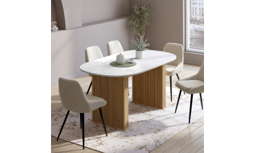 Table repas Marceau plateau extensible 160-200cm arrondi effet marbre et pieds lattes