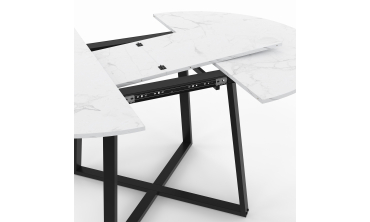Table repas Sana plateau extensible 110-150cm rond effet marbre et pieds noirs