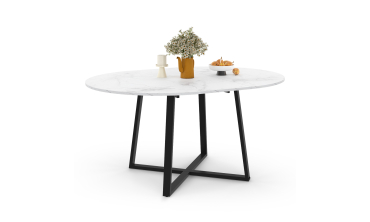 Table repas Sana plateau extensible 110-150cm rond effet marbre et pieds noirs