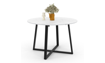 Table repas Sana plateau extensible 110-150cm rond effet marbre et pieds noirs