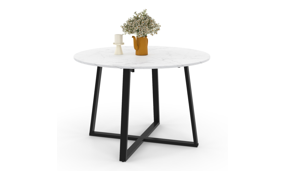 Table repas Sana plateau extensible 110-150cm rond effet marbre et pieds noirs Table repas Sana plateau extensible 110-150cm rond effet marbre et pieds noirs