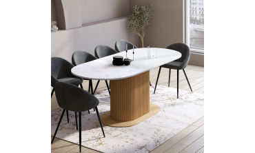 Table repas Maria plateau extensible 160-200cm effet marbre blanc et pieds arrondis effet lattes