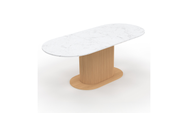 Table repas Maria plateau extensible 160-200cm effet marbre blanc et pieds arrondis effet lattes