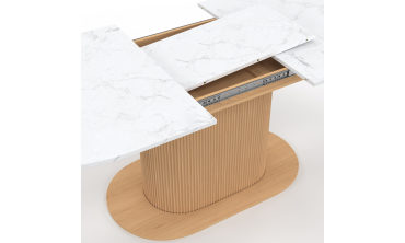 Table repas Maria plateau extensible 160-200cm effet marbre blanc et pieds arrondis effet lattes