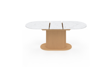 Table repas Maria plateau extensible 160-200cm effet marbre blanc et pieds arrondis effet lattes