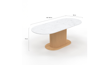 Table repas Maria plateau extensible 160-200cm effet marbre blanc et pieds arrondis effet lattes