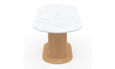 Table repas Maria plateau extensible 160-200cm effet marbre blanc et pieds arrondis effet lattes