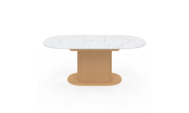 Table repas Maria plateau extensible 160-200cm effet marbre blanc et pieds arrondis effet lattes