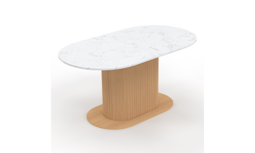 Table repas Maria plateau extensible 160-200cm effet marbre blanc et pieds arrondis effet lattes