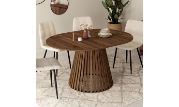 Table repas Camélia plateau rond extensible 110-150cm effet noyer et pieds lattes