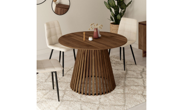 Table repas Camélia plateau rond extensible 110-150cm effet noyer et pieds lattes