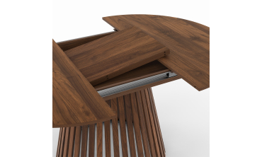 Table repas Camélia plateau rond extensible 110-150cm effet noyer et pieds lattes