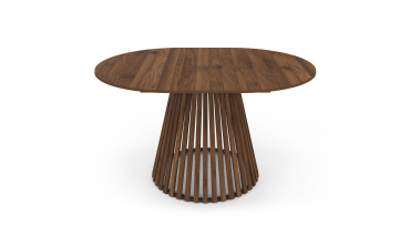 Table repas Camélia plateau rond extensible 110-150cm effet noyer et pieds lattes