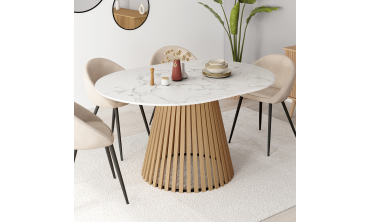 Table repas Camélia plateau rond extensible 110-150cm effet marbre blanc et pieds lattes