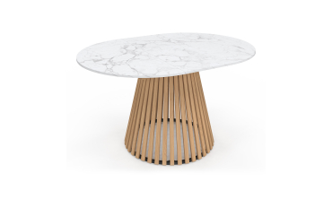 Table repas Camélia plateau rond extensible 110-150cm effet marbre blanc et pieds lattes