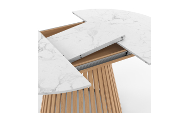 Table repas Camélia plateau rond extensible 110-150cm effet marbre blanc et pieds lattes