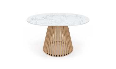 Table repas Camélia plateau rond extensible 110-150cm effet marbre blanc et pieds lattes