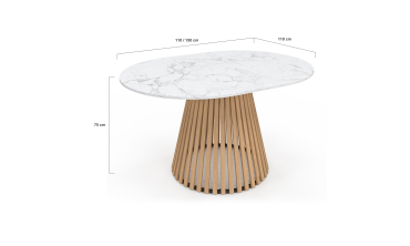 Table repas Camélia plateau rond extensible 110-150cm effet marbre blanc et pieds lattes